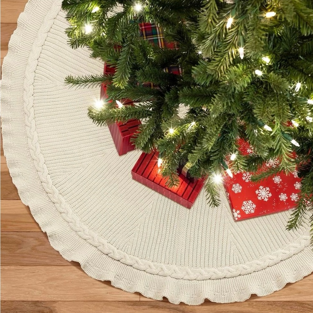 NEW Cream Cable Knit Christmas Tree Skirt 48" Holiday‎ Farmhouse Decor - Picture 2 of 6